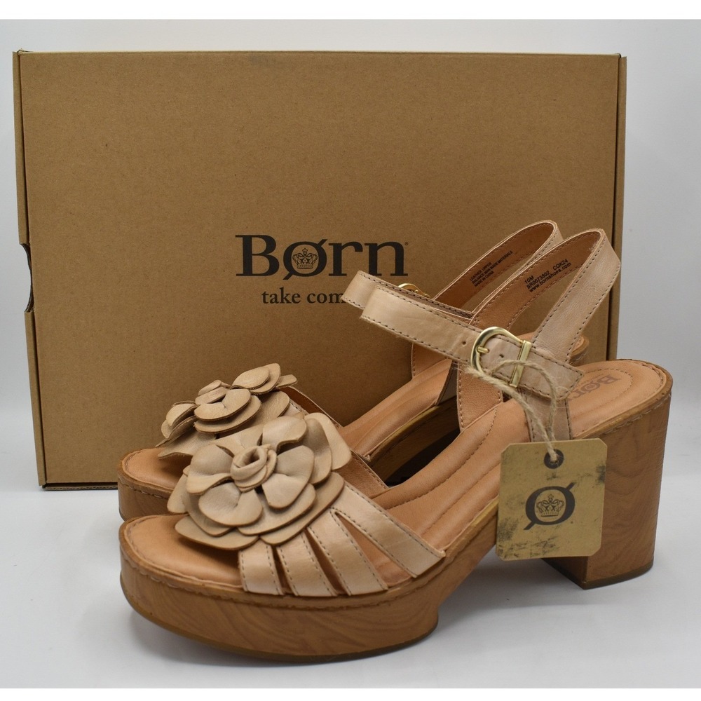 Born Nectar Platform Sandals Womens 11 Natural NEW Leather Flower Block Heel
